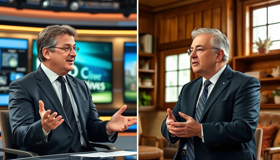 TV interview on judicial overreach with two men, flags in background.