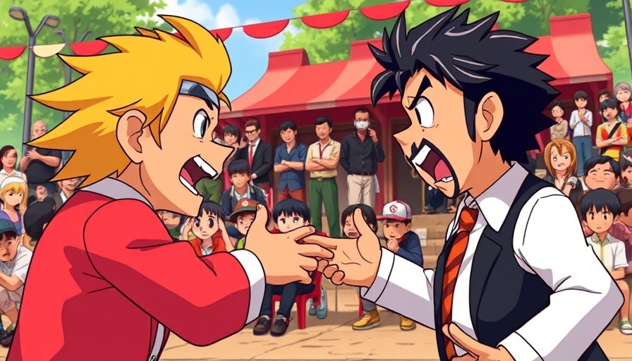 Animated debate scene between two characters in dramatic confrontation, outdoor setting.