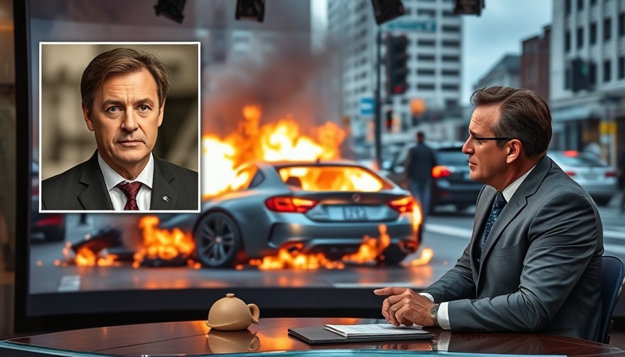 Dramatic news scene discussing domestic terrorism rise with burning car.