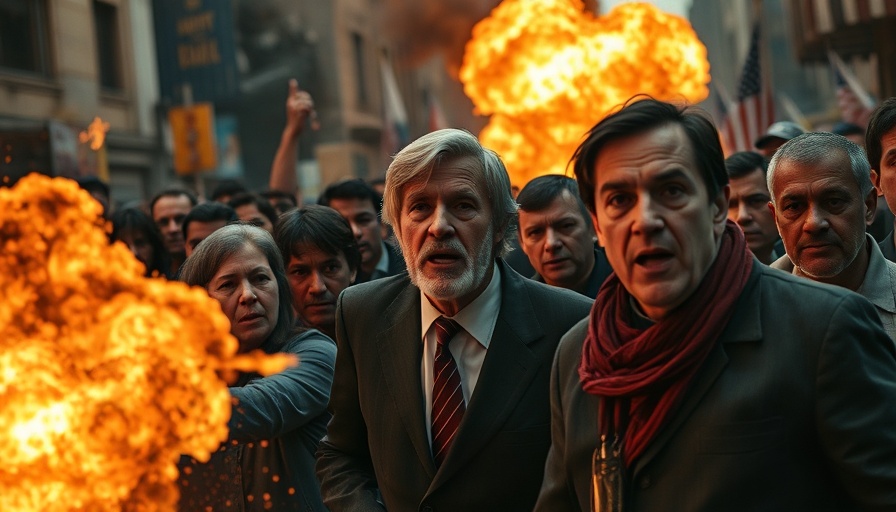 Explosive scene depicting domestic terrorism against conservatives with fiery background.