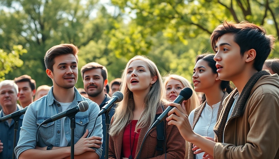 Young adults at a public gathering addressing crowd, Safeguarding Democracy and Freedom.