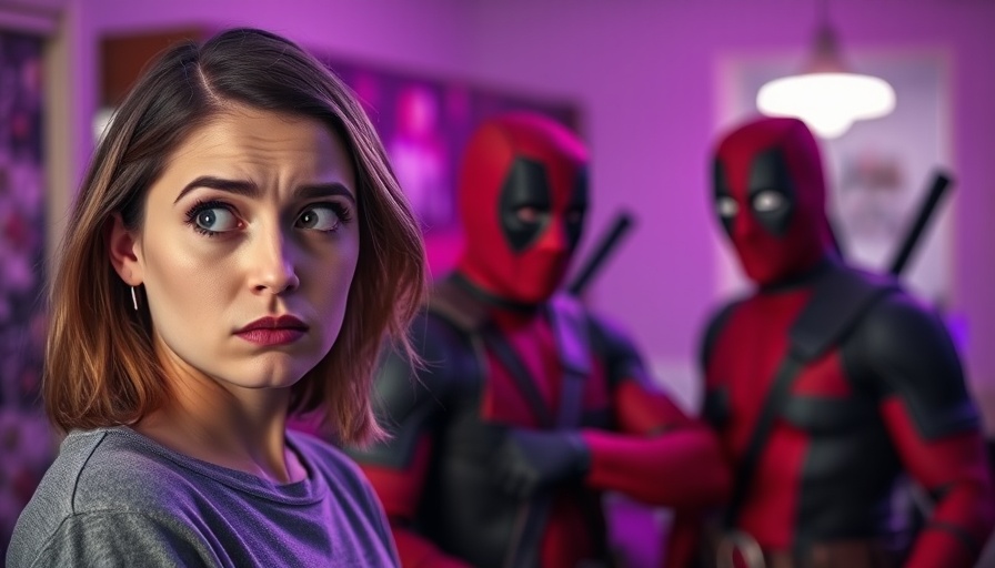 Confused woman looking at humorous Deadpool costumes.
