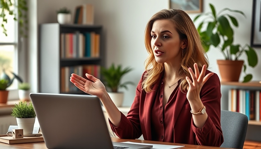 Confident woman speaking energetically at a desk with a laptop.