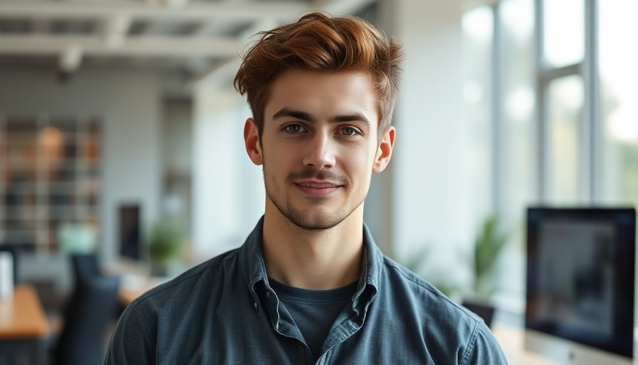 Young male indoors in office environment, relaxed expression, Apple podcast app or Spotify context.