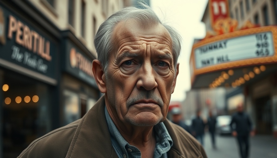 Older man with disappointed look in front of theater, Robert De Niro movie failure theme.