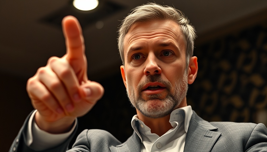 Serious man discussing the assault on free speech, pointing and speaking.