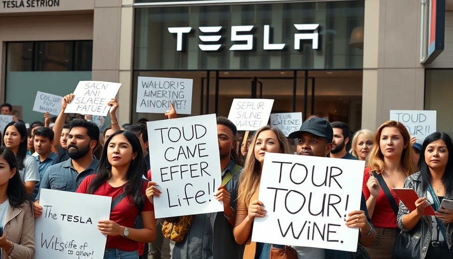 Protesters advocating democracy in front of Tesla store.