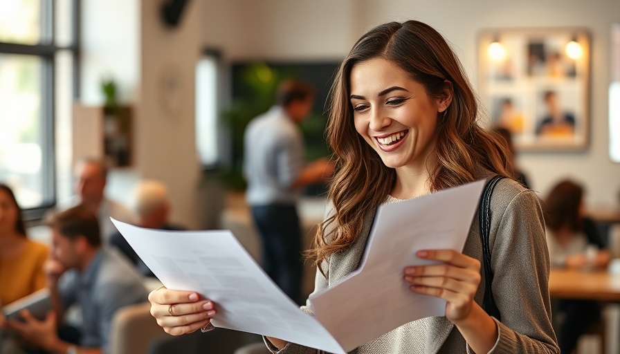 Candace Owens lawsuit theme with smiling woman and papers in casual setting.