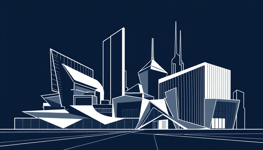 Stylized illustration of modern buildings with abstract elements, related to autism research layoffs.