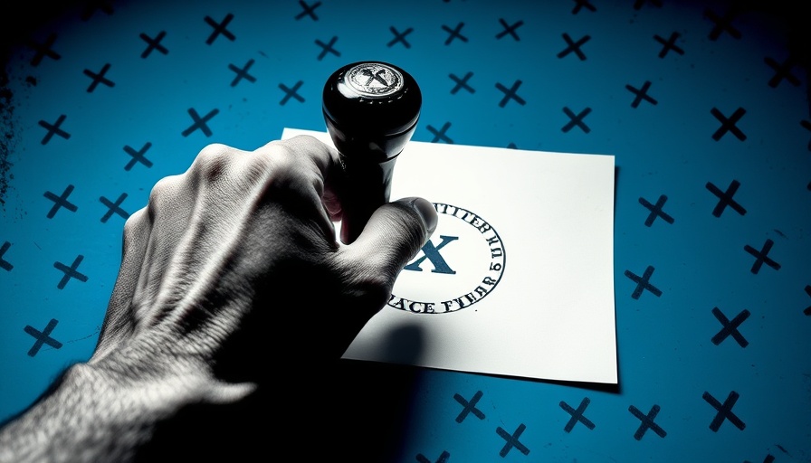Monochrome hand stamping paper against blue X-marked background, coding error layoffs at NINDS context.