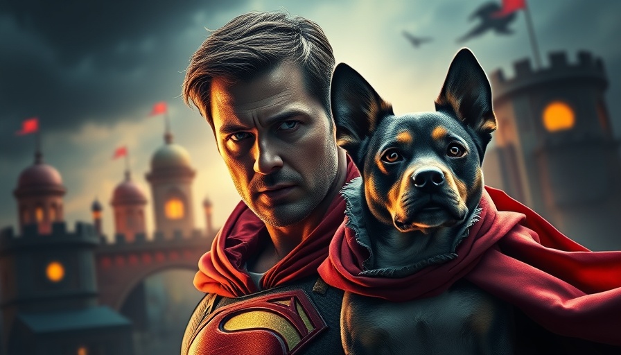 James Gunn's Superman movie poster with man, dog, and superhero.