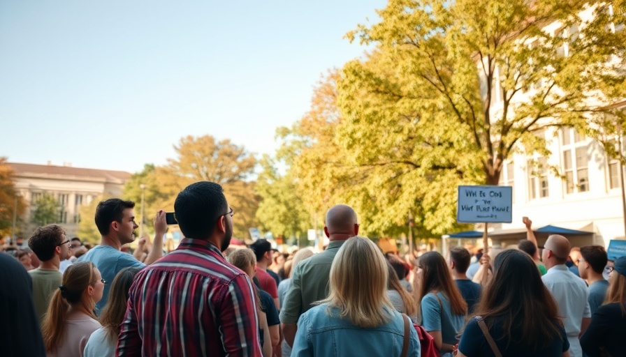 Free Speech at UC Davis event with animated crowd and trees.
