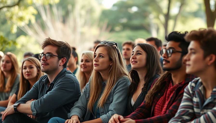 Young adults discussing democracy at an outdoor event.