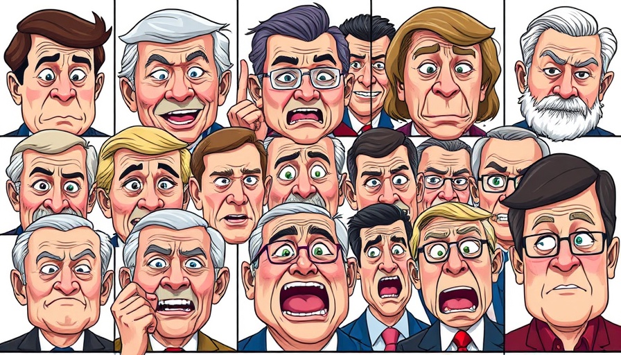 Cartoon faces collage depicting Trump's heavy tariffs against China.