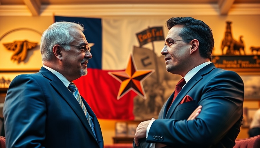 Texas leadership visuals with two men and Texas flag symbols.