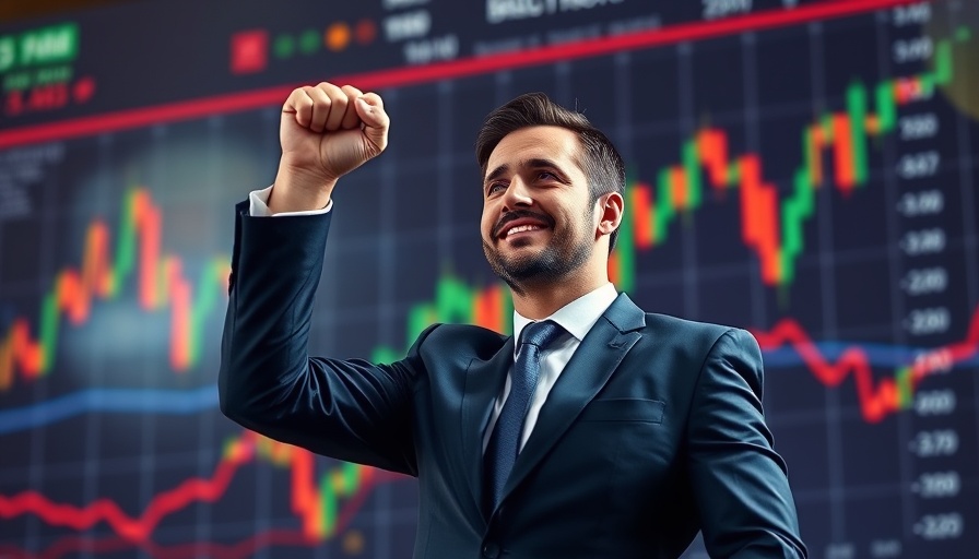 Confident man in suit, victory pose, stock market chart.