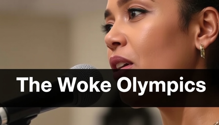 Woke Olympics text overlay on woman's close-up with microphone.
