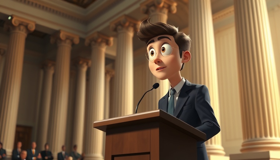 Animated character speaking about tariffs in a grand hall.