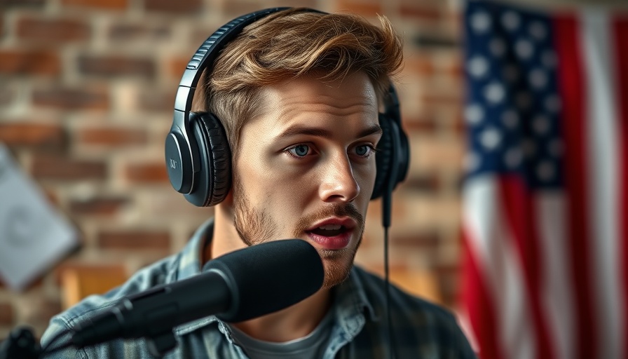 Young man speaking into microphone with American flag backdrop