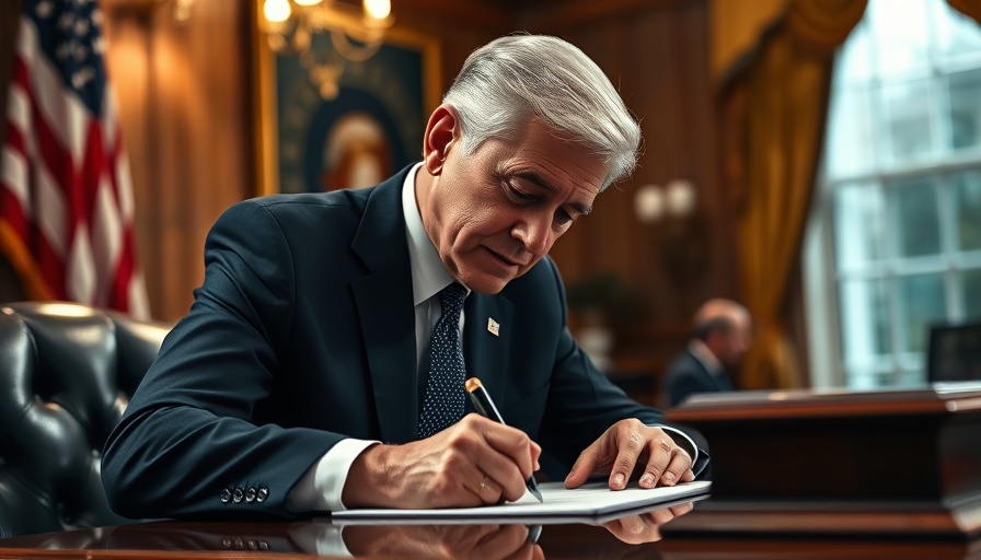 Former president writing at desk with USA flag background.