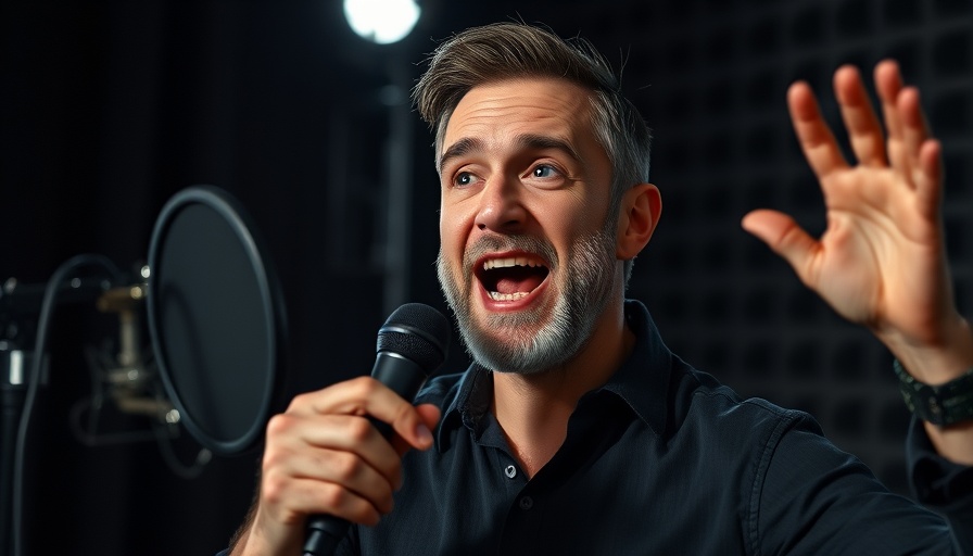 Man energetically discussing with microphone in studio.