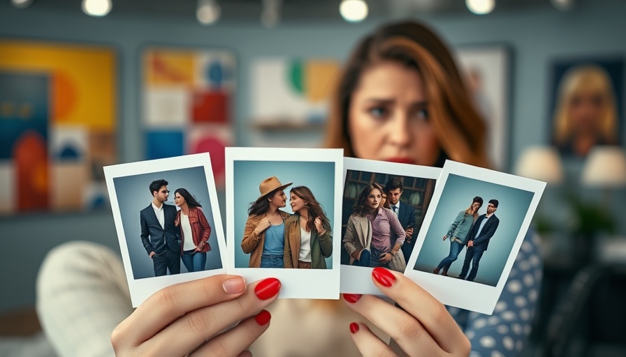Woman contemplating marriage rumors, polaroid photos of couple, studio setting.