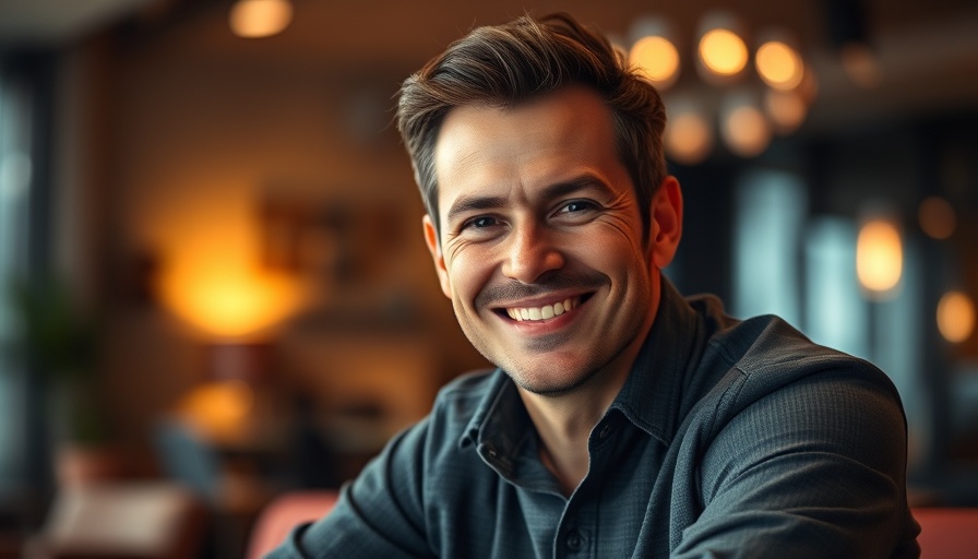 Confident man indoors, smiling warmly at the camera, with soft lighting.