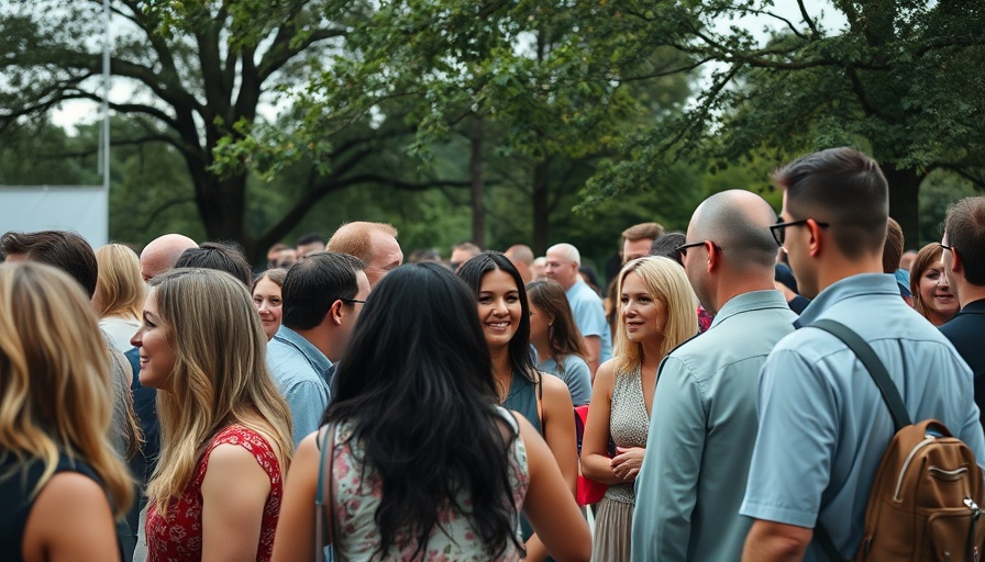 Diverse group conversing at outdoor event, overcast day.
