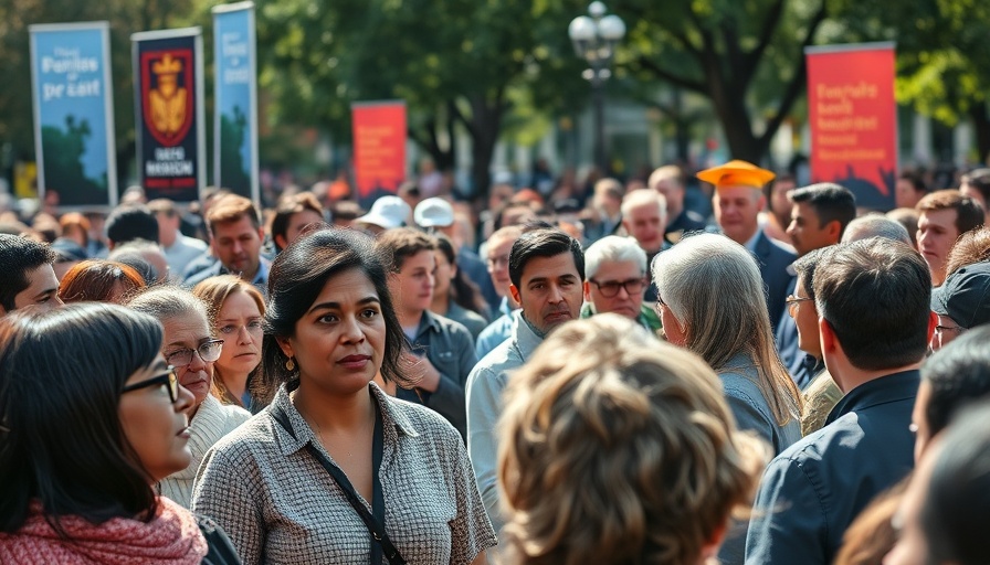 Diverse group in public debate on understanding classy values in America, sunny day.