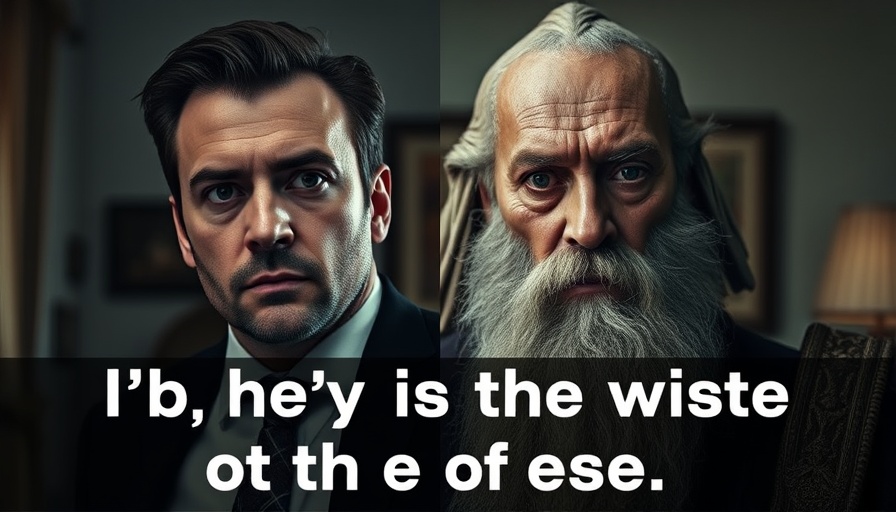 Contrasting modern and mythical figures discussing ethics.