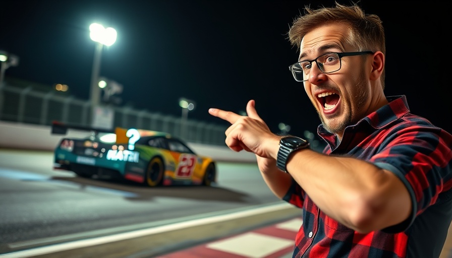 Excited individual pointing at NASCAR car silhouette, nighttime track setting.