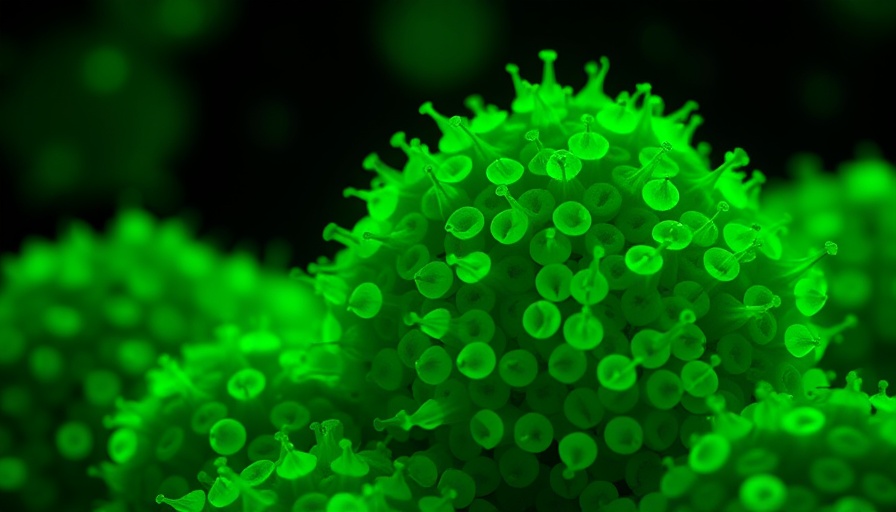 Glowing green cells in autism research microscopy image.