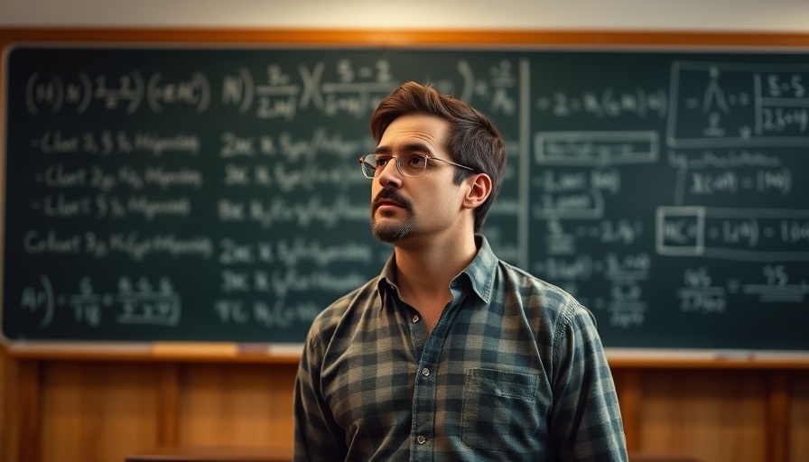 Cinematic photo of a man in a classroom with a blackboard.