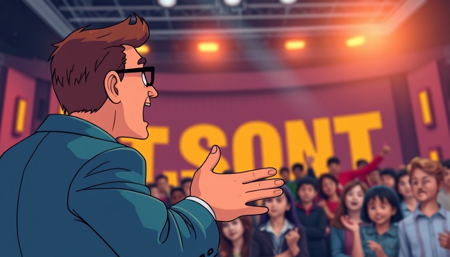 Animated speaker addressing audience in stage setting.