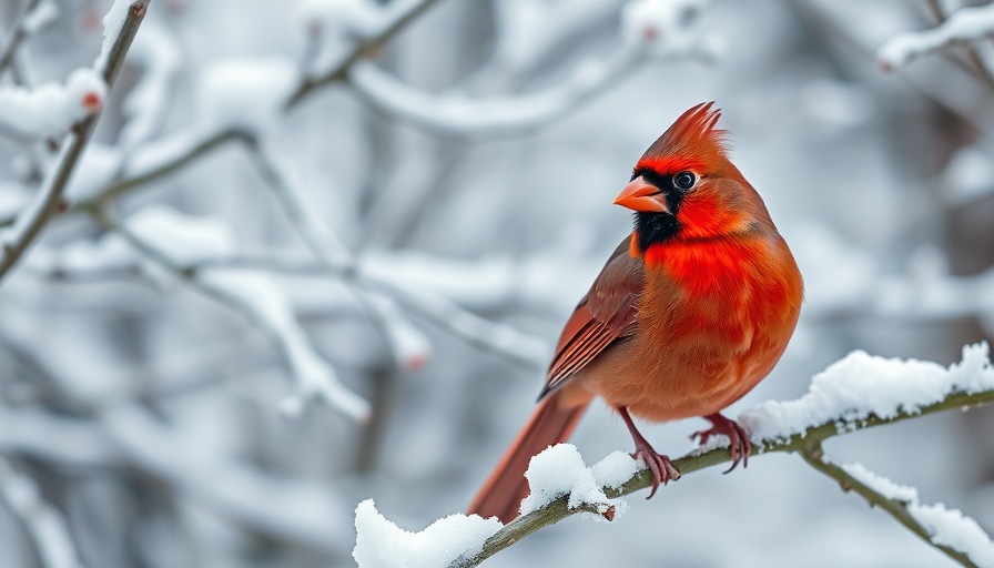 Vivid red cardinal on snowy branch in winter forest.