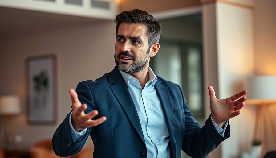 Professional man speaking in office setting, cinematic shot.