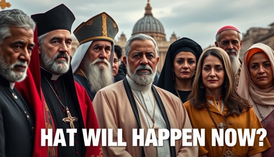 Diverse clergy in front of Vatican pondering next Pope.