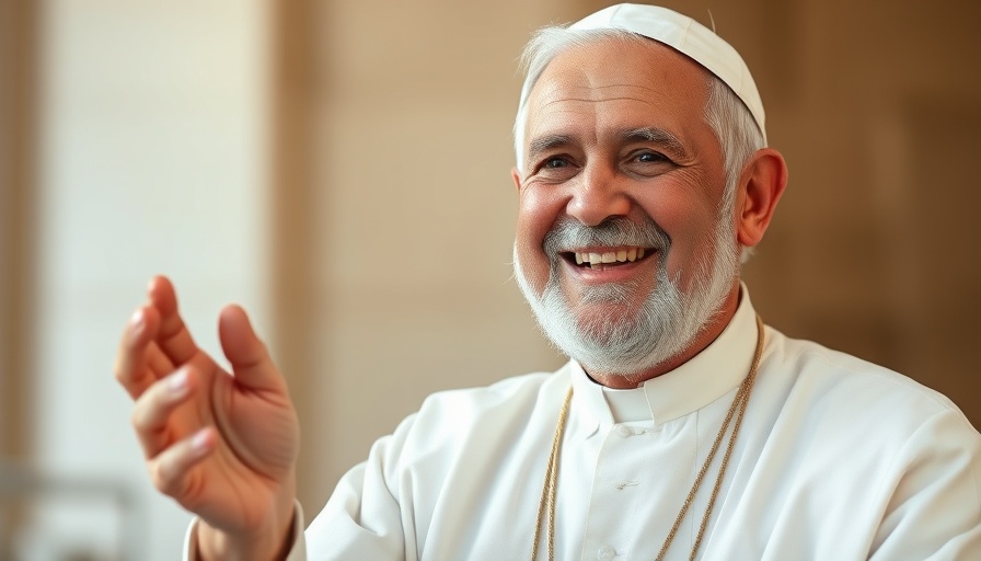 Pope Francis smiling and waving gently in a peaceful scene.