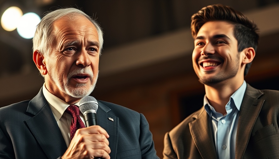 Older speaker and younger man, contrasting expressions, indoor.