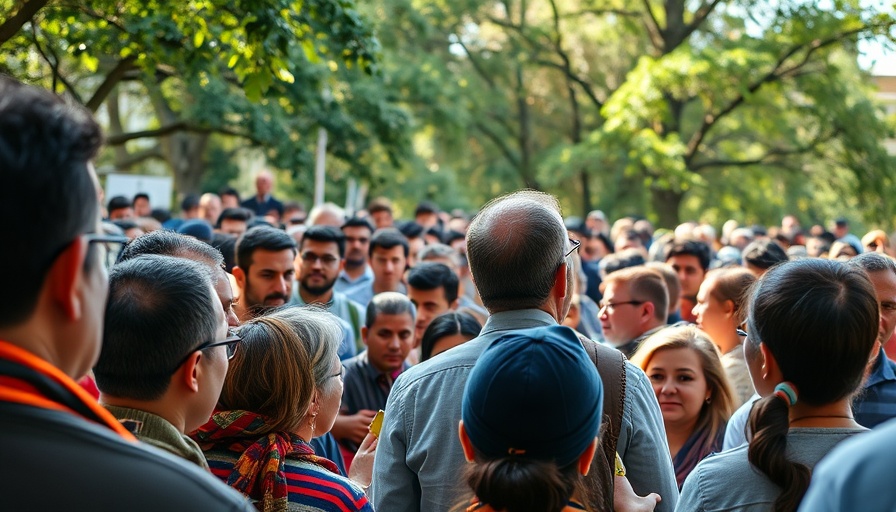 Diverse group gathered at an outdoor event discusses ending racism.