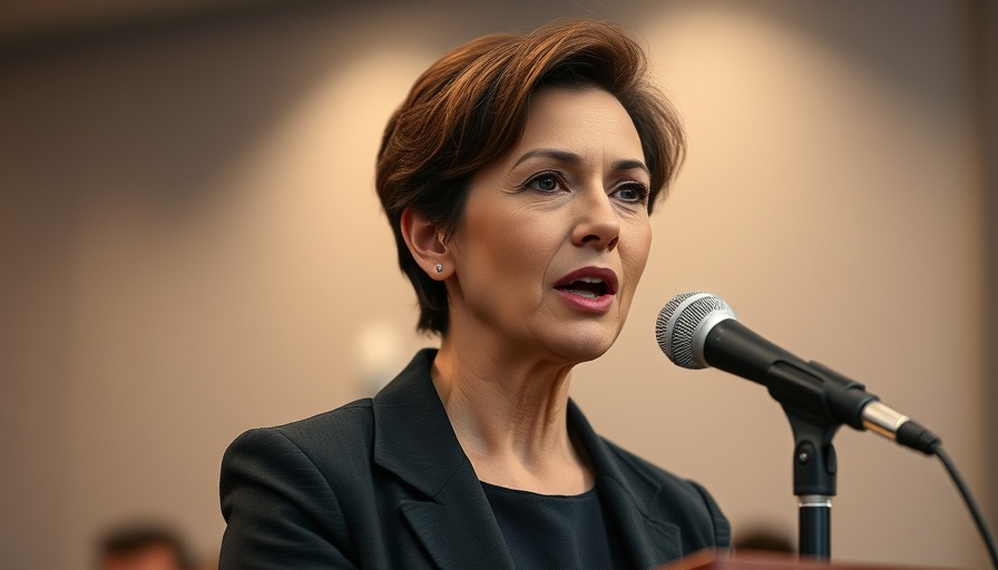 Photorealistic image of an eloquent woman speaking at a microphone inside.