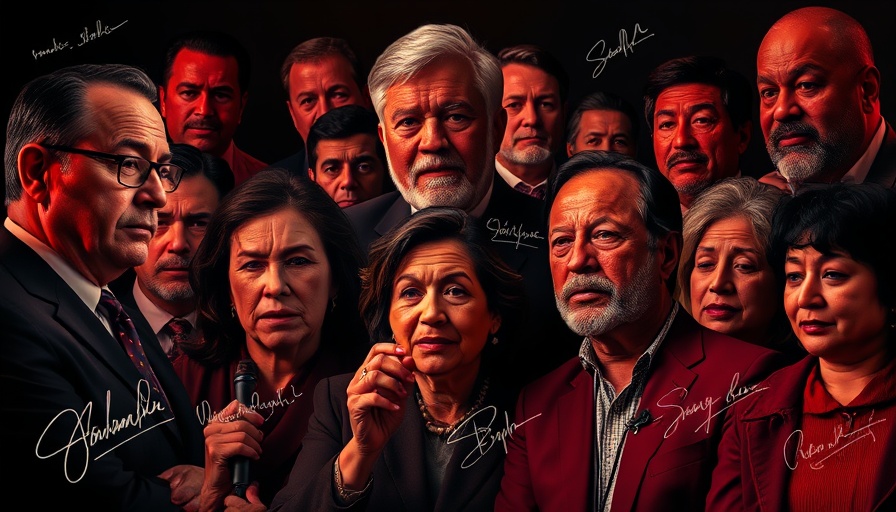 Collage of public figures with serious expressions, dark red theme.