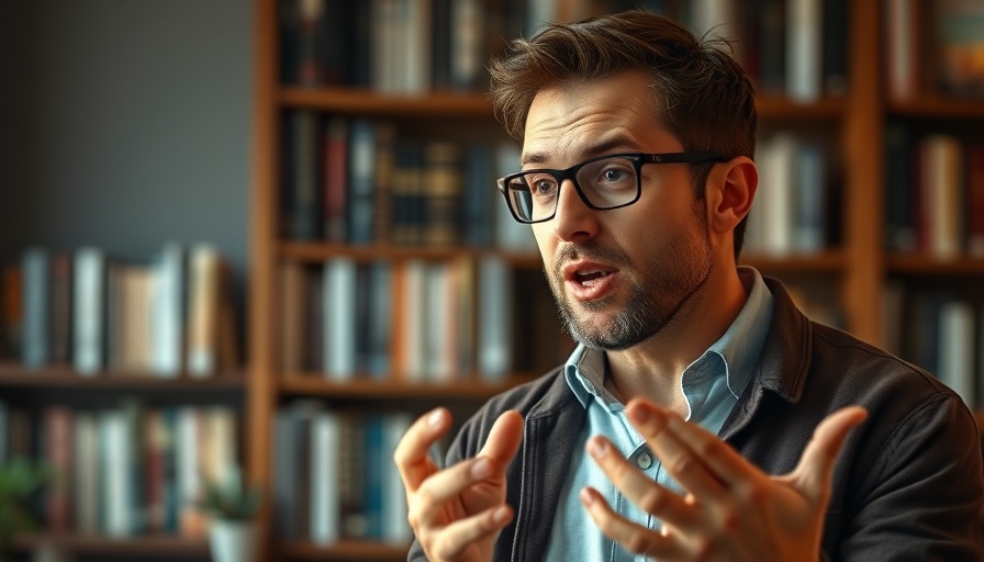 Man speaking passionately in a room with bookshelves.