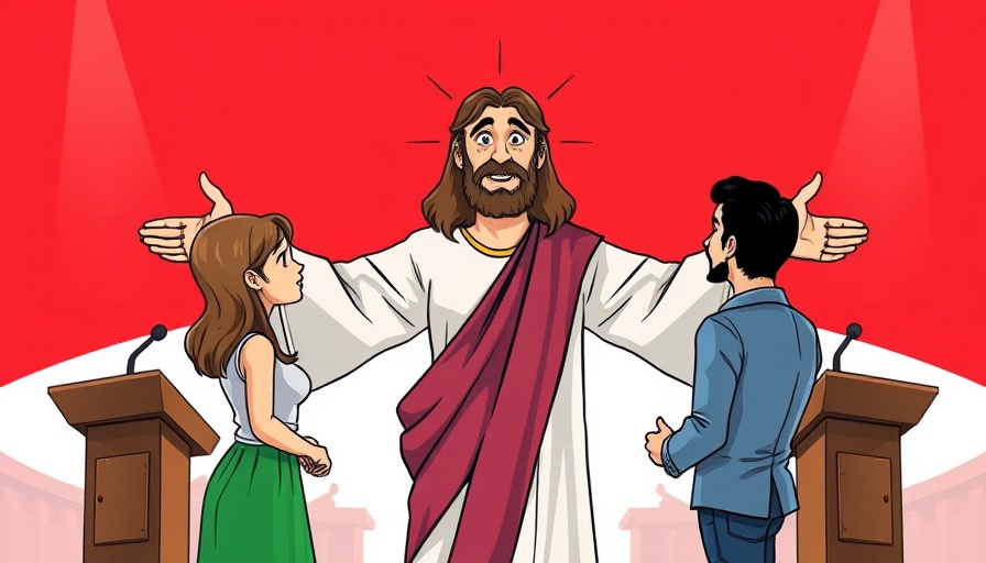 Cartoon Jesus in debate scene with two individuals, Republicans Reject Jesus Refugee
