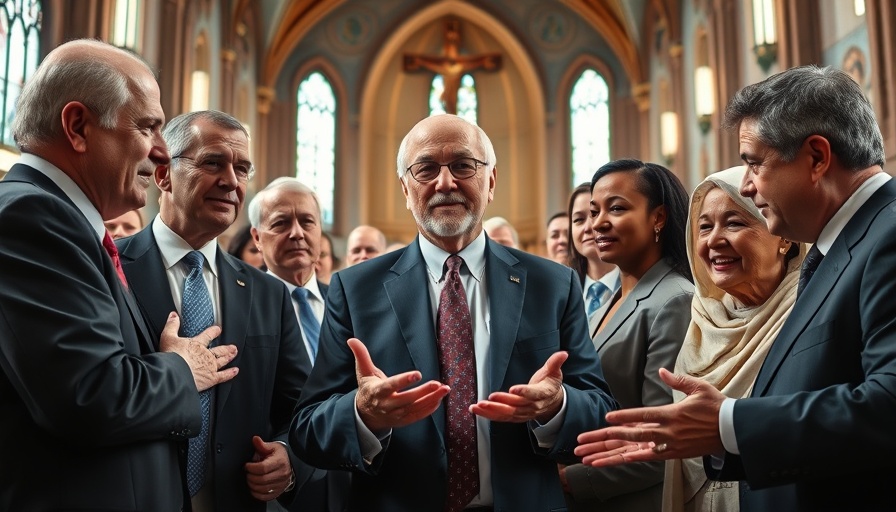 Collage of political and religious figures in a church setting.