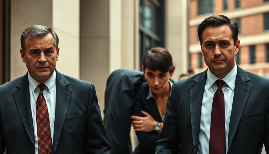 Judicial misconduct humor image with men in suits outside.