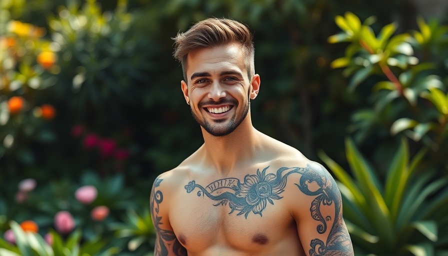 Smiling tattooed man outdoors in a garden, natural lighting.