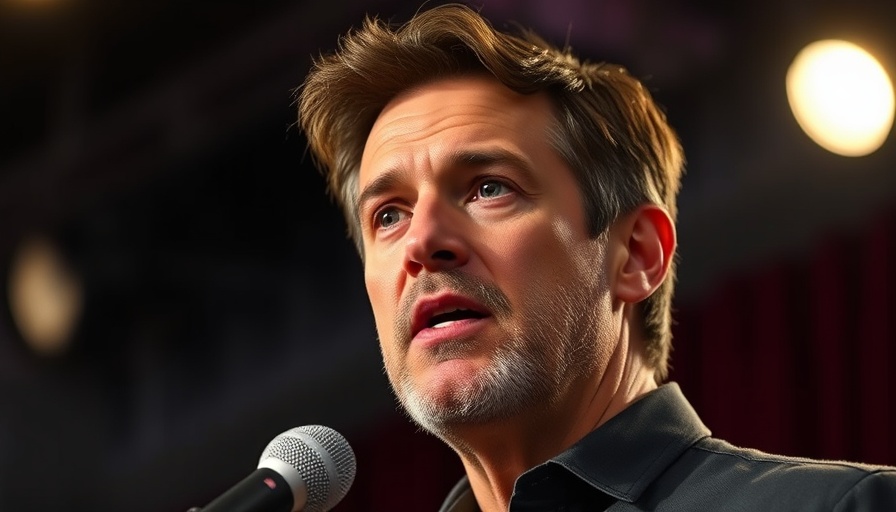 Confident man speaking at event with microphones, cinematic style.