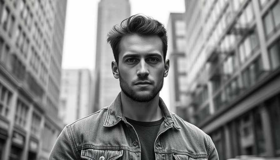 Black and white portrait of a man in a city setting.