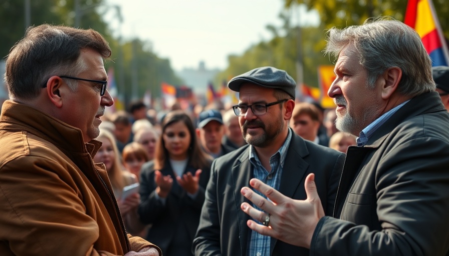 Contrasting figures discussing political rhetoric at outdoor rally.